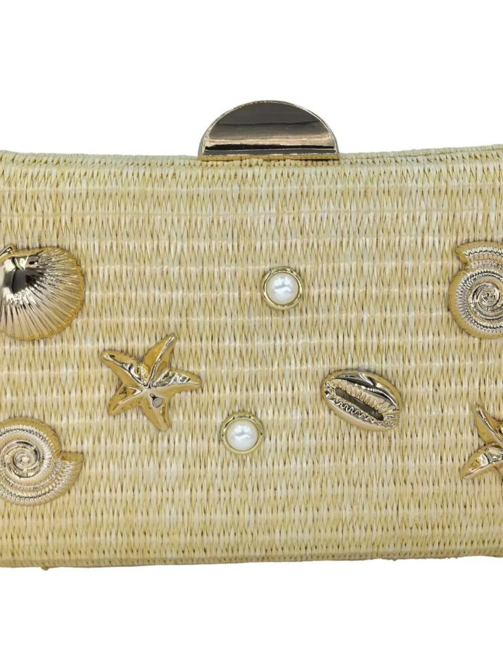 Woven Straw Clutch with Seashell Accents - Boho Beach Evening Bag, Lightweight